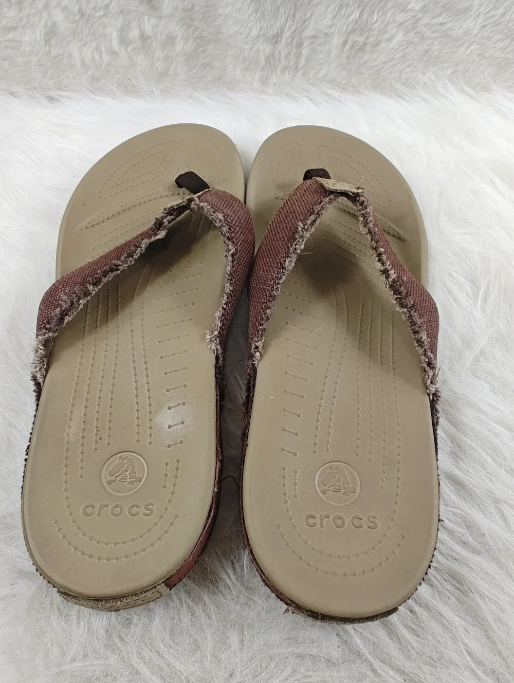 Crocs Dual Comfort Khaki Canvas Fabric Flip Flop Sandals Men's Size 12 Comfort